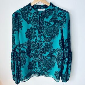 Suzy Shier Teal and Black Floral Blouse